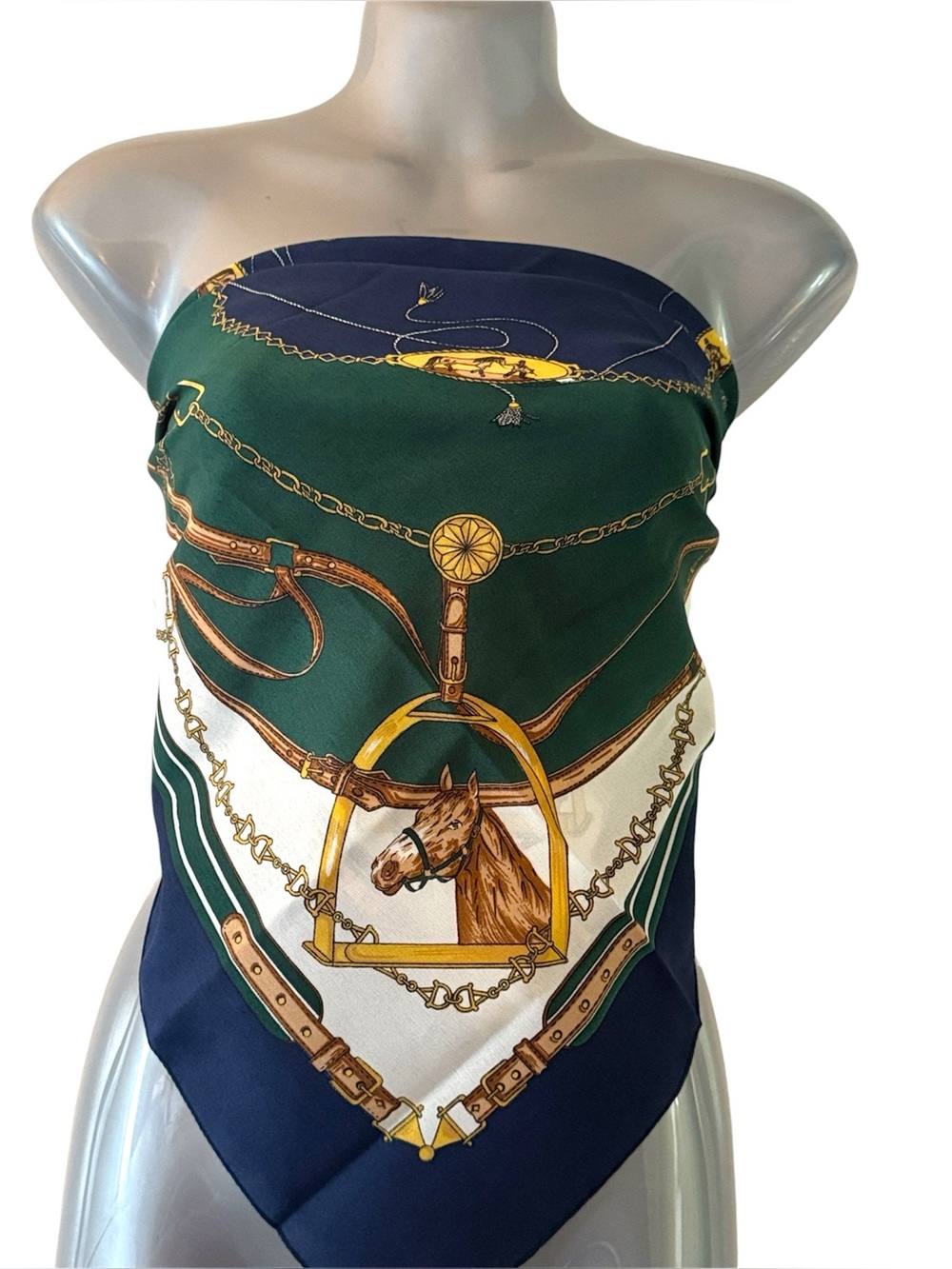 Vintage Italian Green Navy White Horse Print Silky wrap scarf